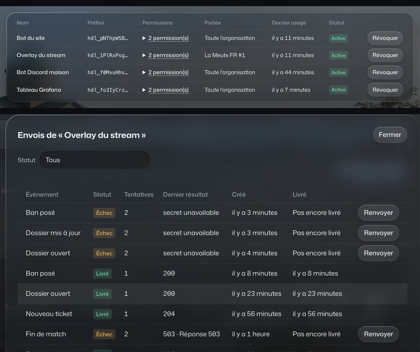 Clés d'API de l'organisation et un webhook avec ses dernières livraisons, dont une en échec.