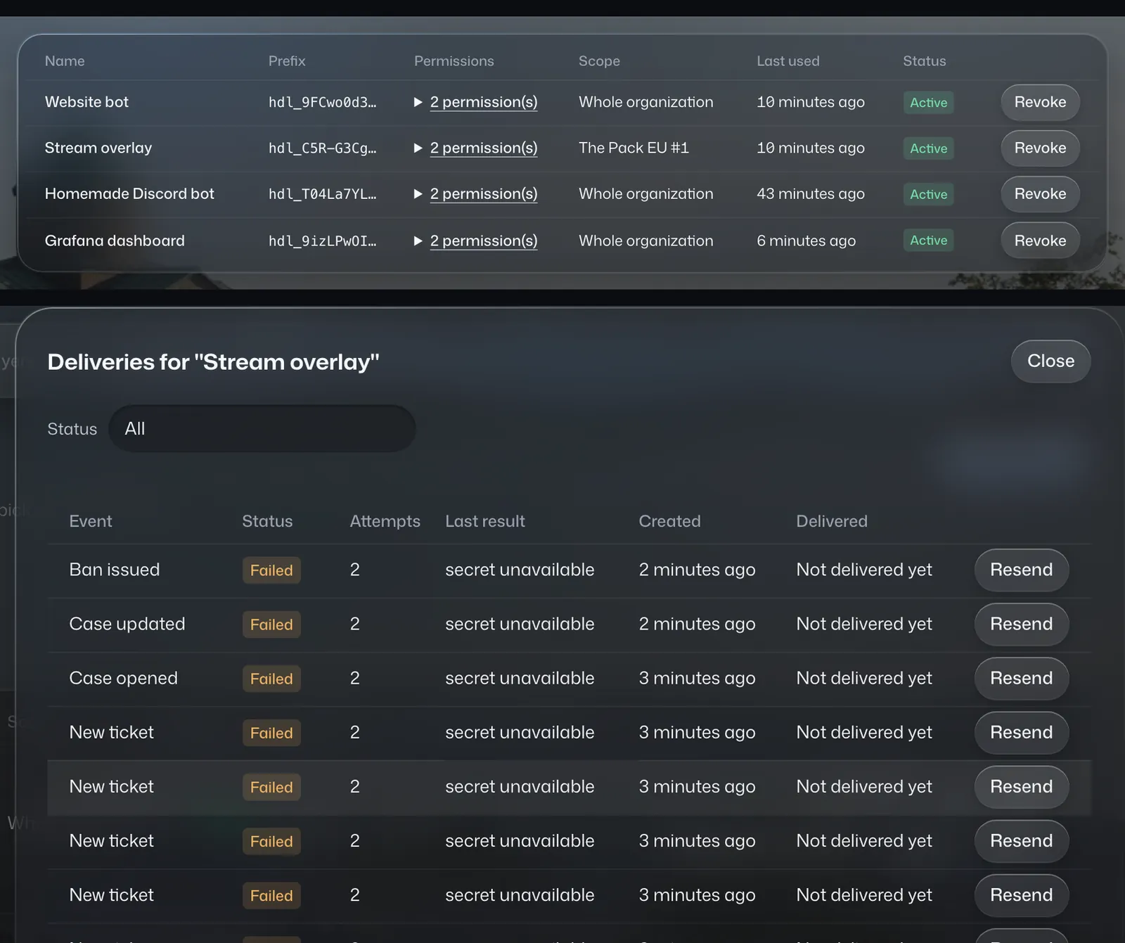 The organization's API keys and a webhook with its latest deliveries, one of them failed.