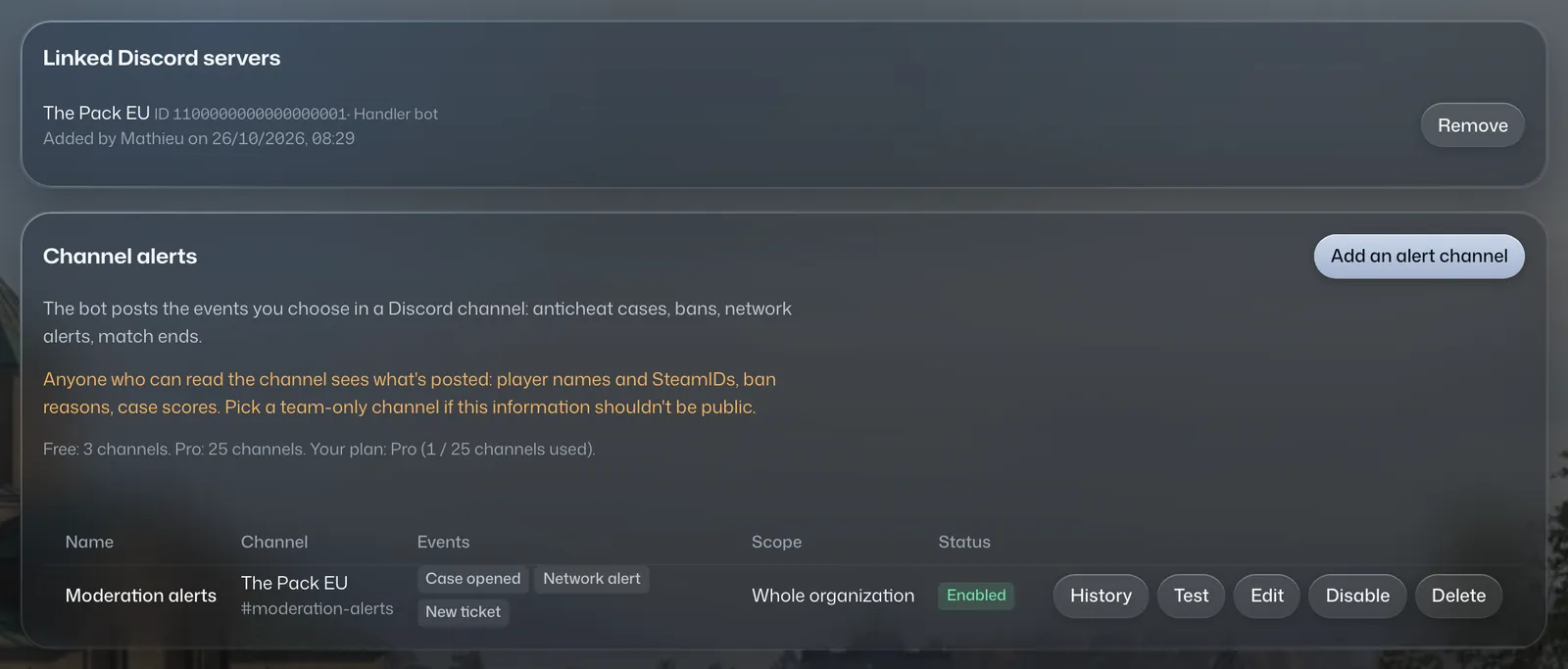 Discord settings: the linked Discord server, the moderation alerts channel and the bot's command list.