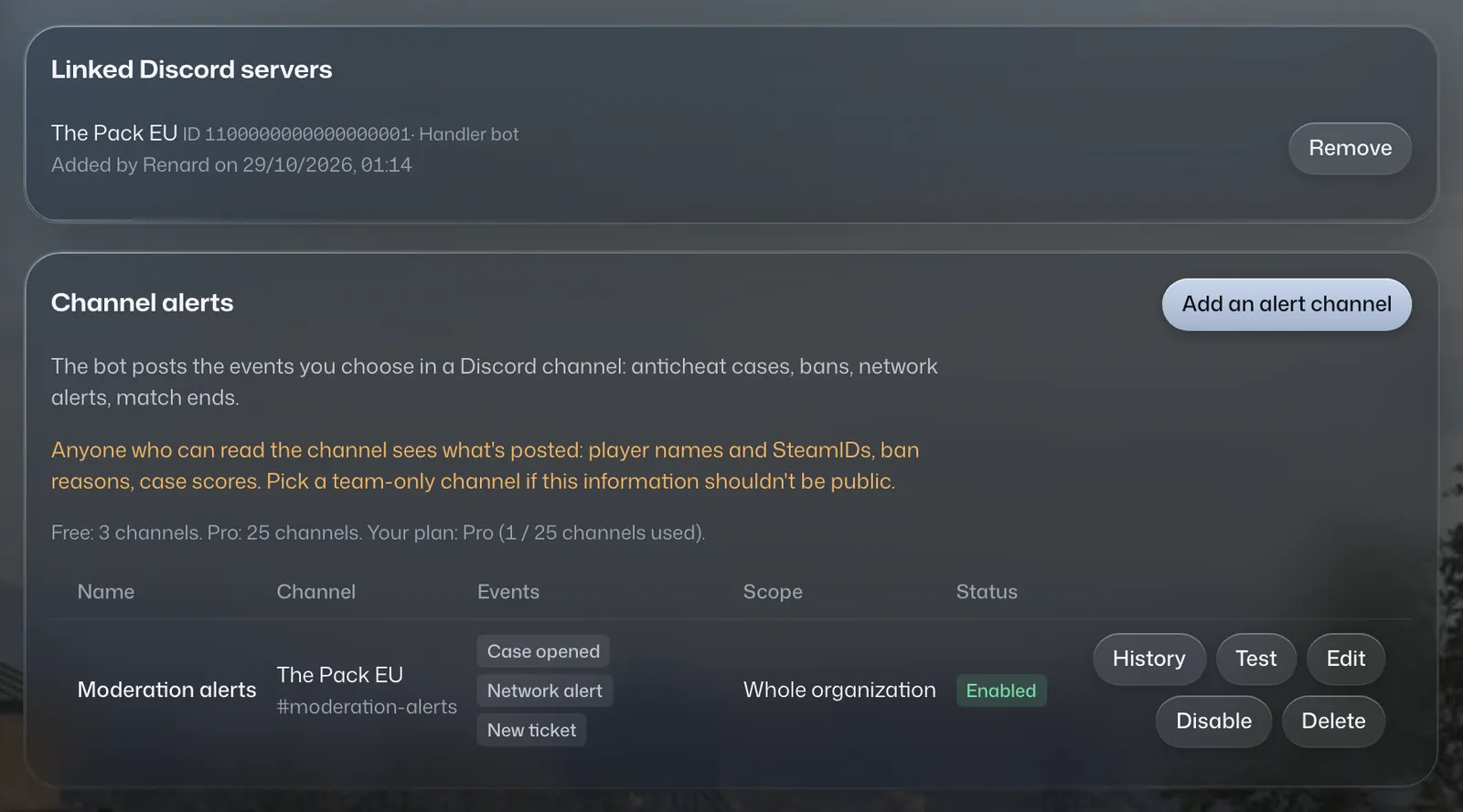 Discord settings: the linked Discord server, the moderation alerts channel and the bot's command list.
