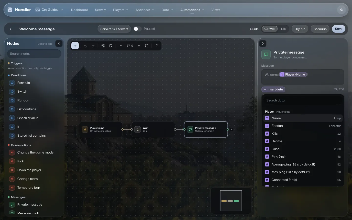 The “Available data” window open on the Message field of a Private message, with the Player and Server groups.