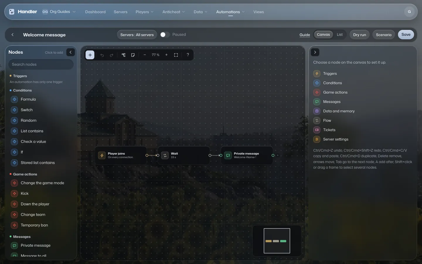 The automation editor with three linked cards: Player joins, Wait and Private message.