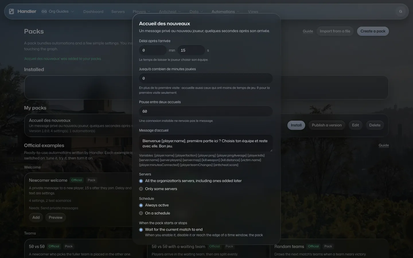 The pack installation window with its settings, the server choice, the schedule and the switch moment.
