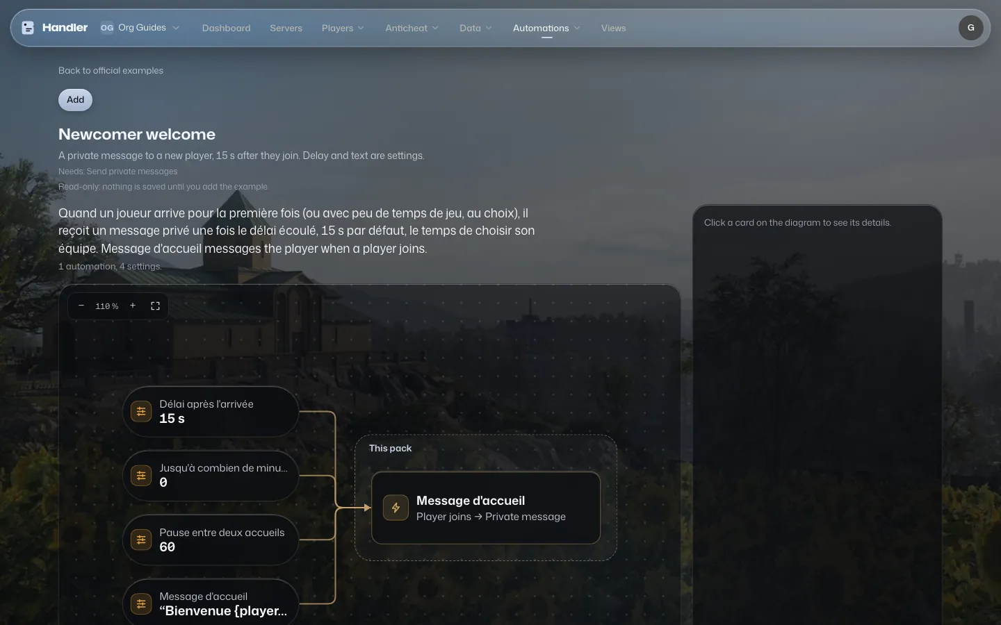 The read-only preview of the Newcomer welcome pack with its diagram, settings and test scenarios.