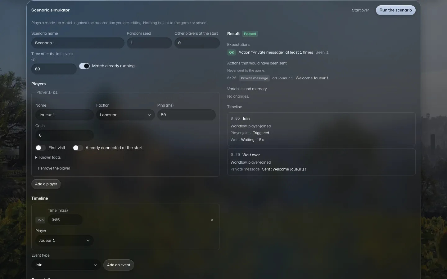 The scenario simulator showing a Passed result, the list of actions that would have been sent and the line Never sent to the game.