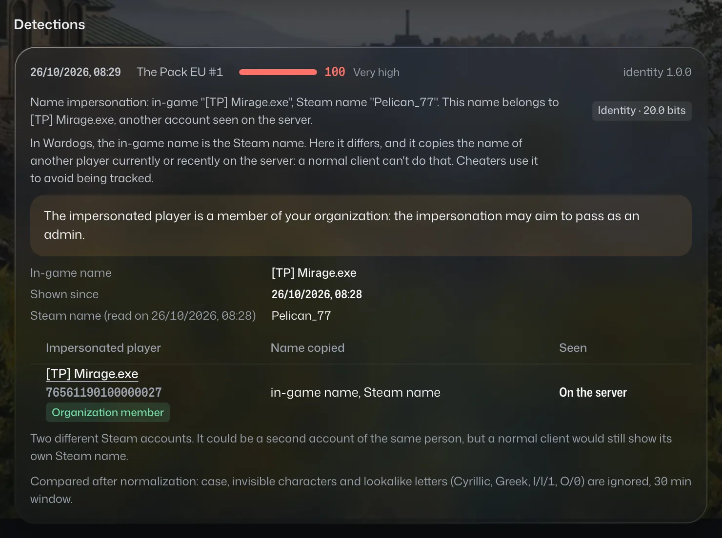 Name impersonation case: the in-game name copies another player's, while the Steam name is different.