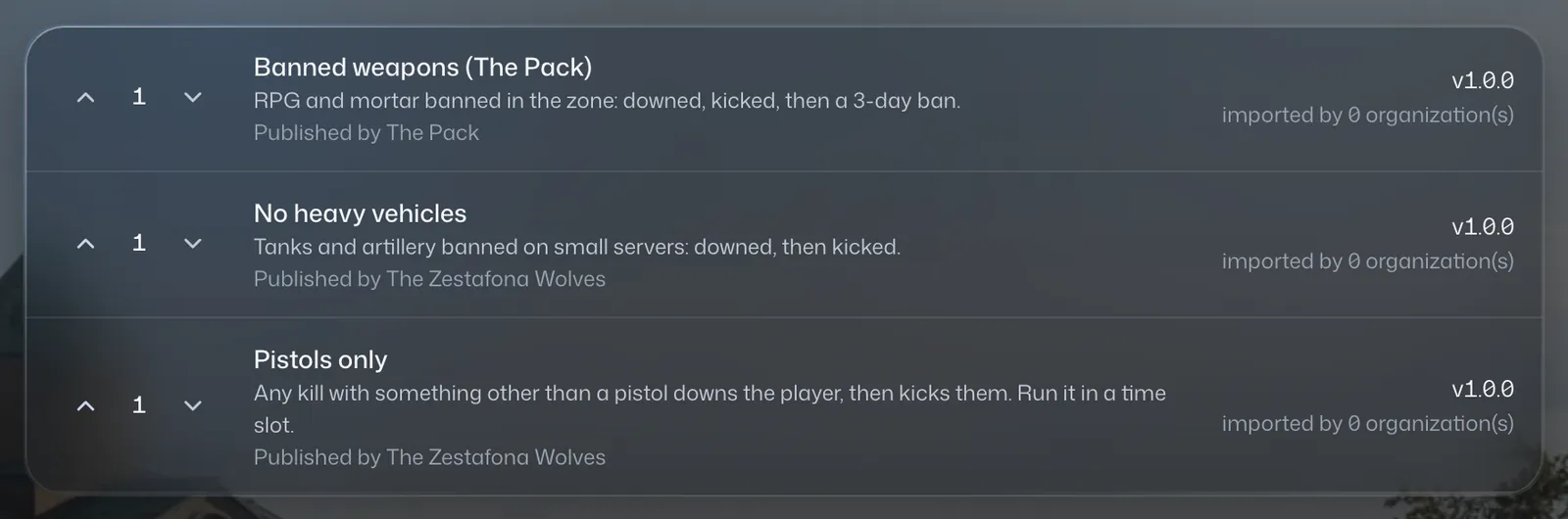 Library of packs published by communities: Banned weapons, No heavy vehicles, Pistols only.