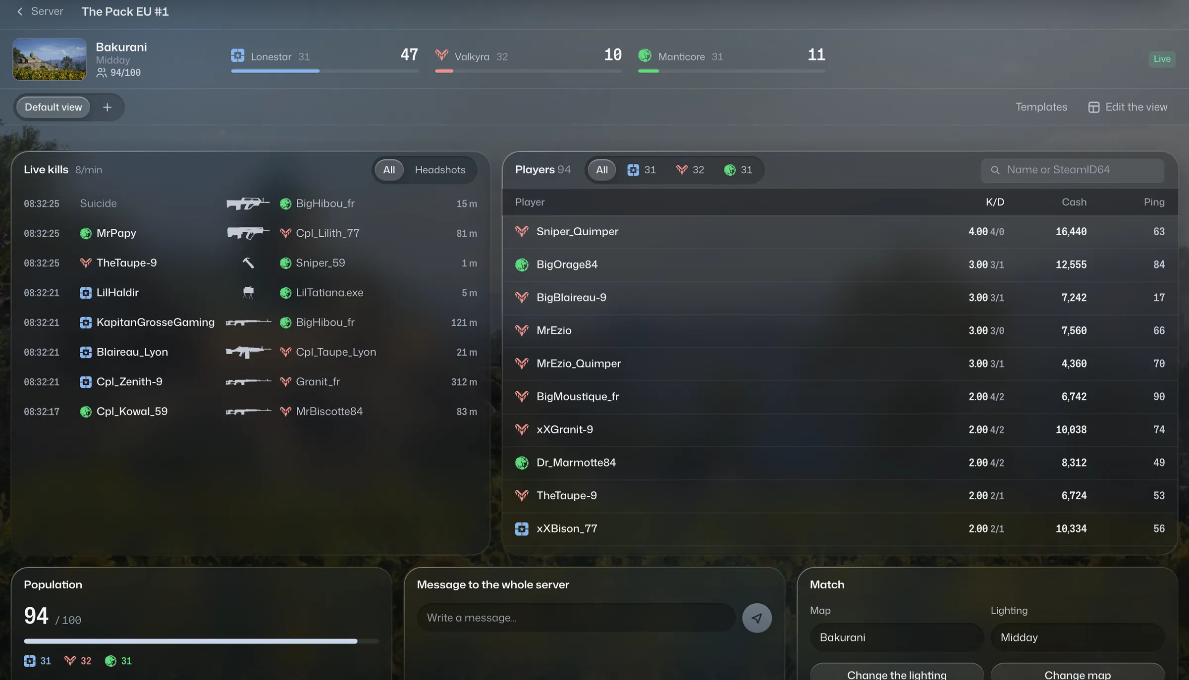 The control tower during a match on Bakurani: live kills, players of the three factions, population and match settings.