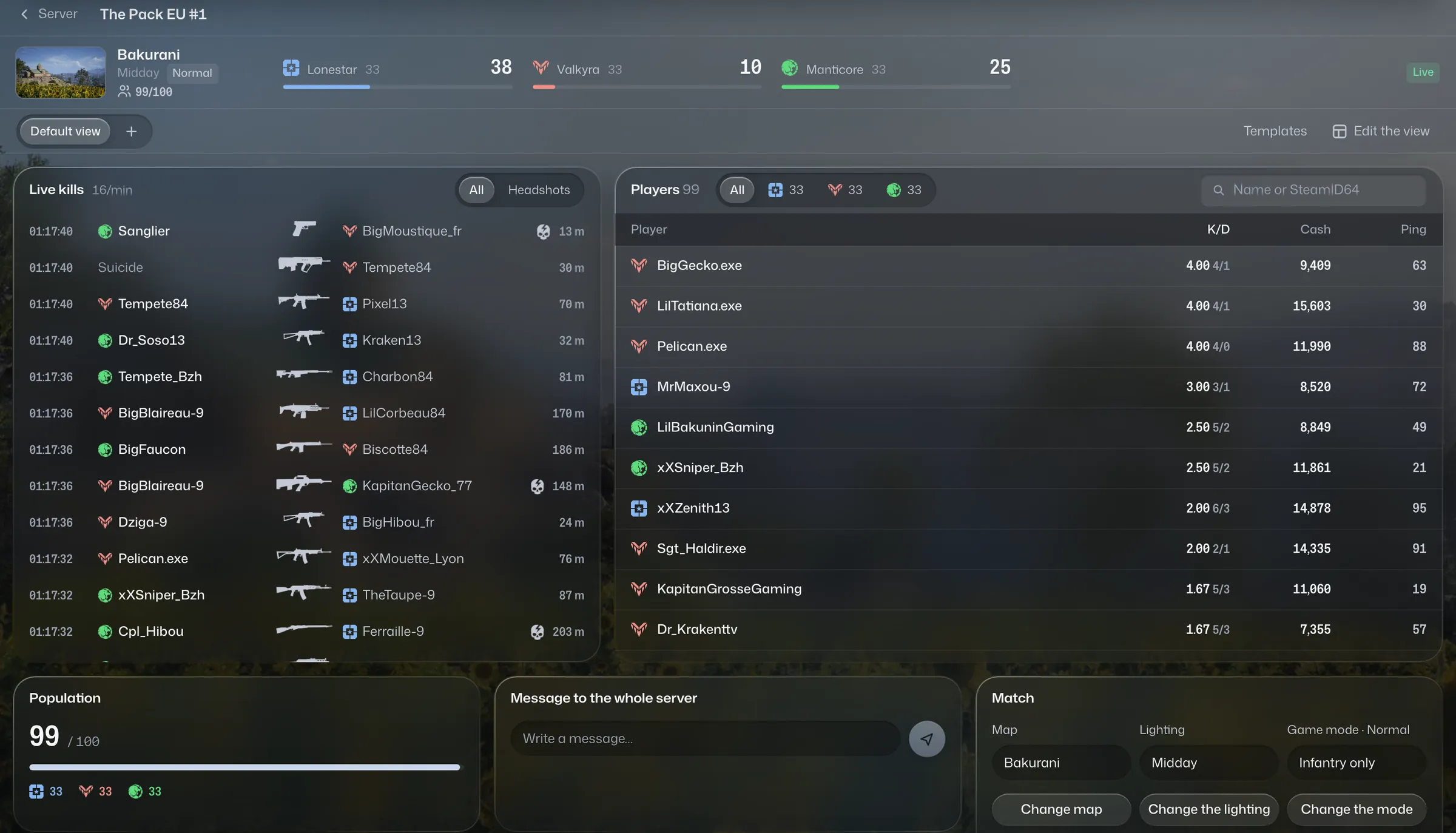 The control tower during a match on Bakurani: live kills, players of the three factions, population and match settings.