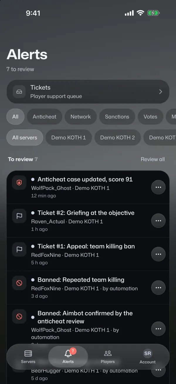 Alerts tab: anticheat cases, match ends and bans.