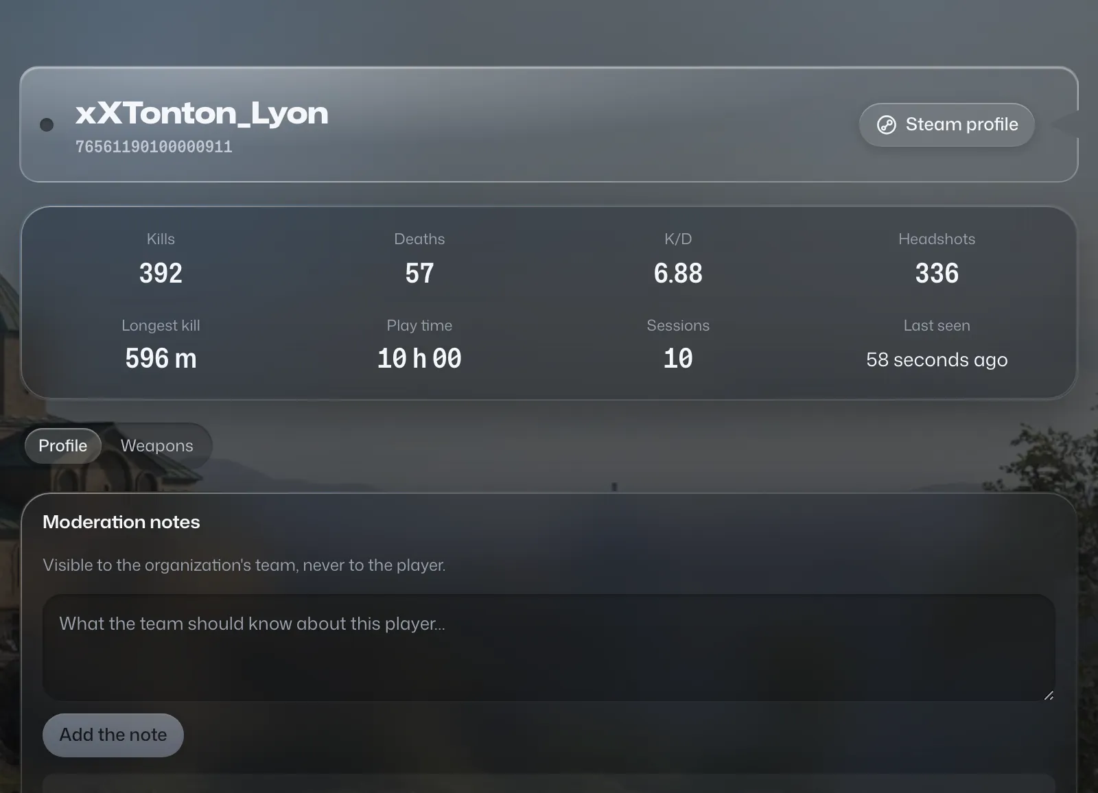 A player's profile: kills, deaths, playtime and moderation notes.