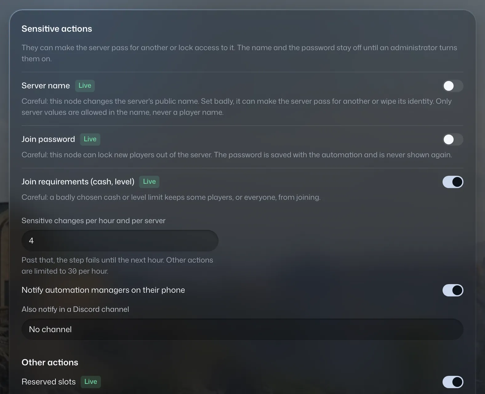 Sensitive action settings: switches for the server name and password, hourly change limit.
