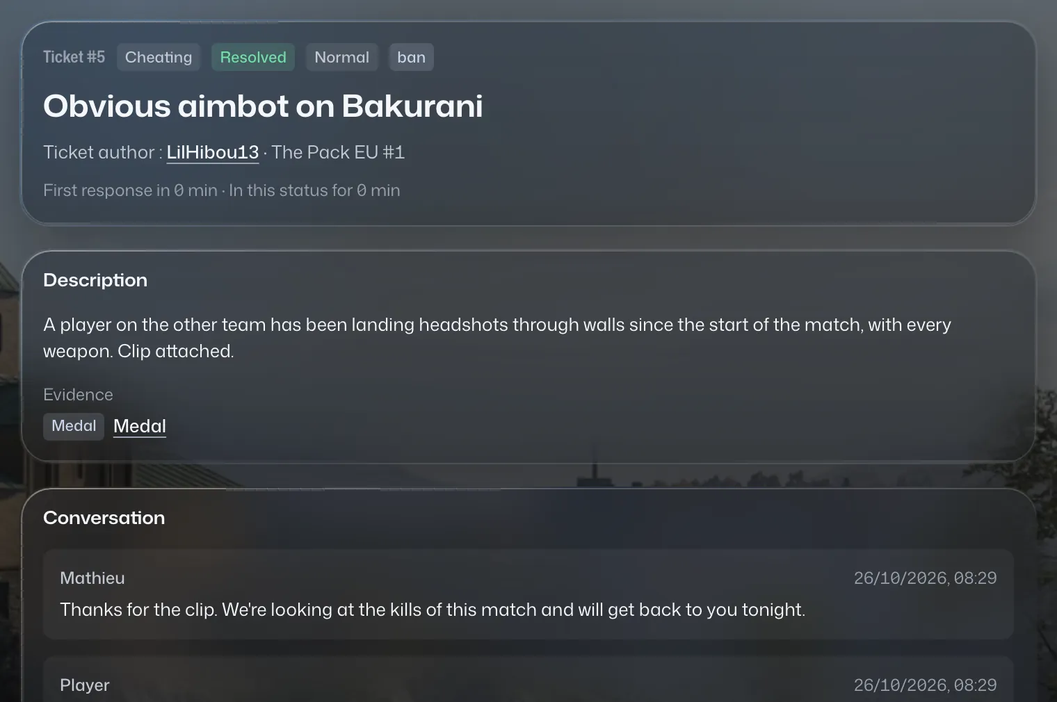 A cheating ticket with the conversation and the match review.