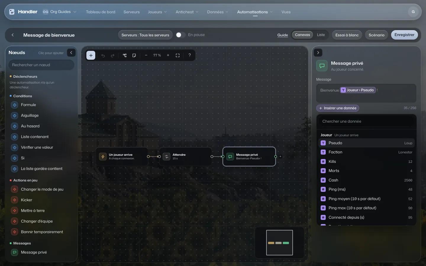 La fenêtre « Données disponibles » ouverte sur le champ Message d'un Message privé, avec les groupes Joueur et Serveur.