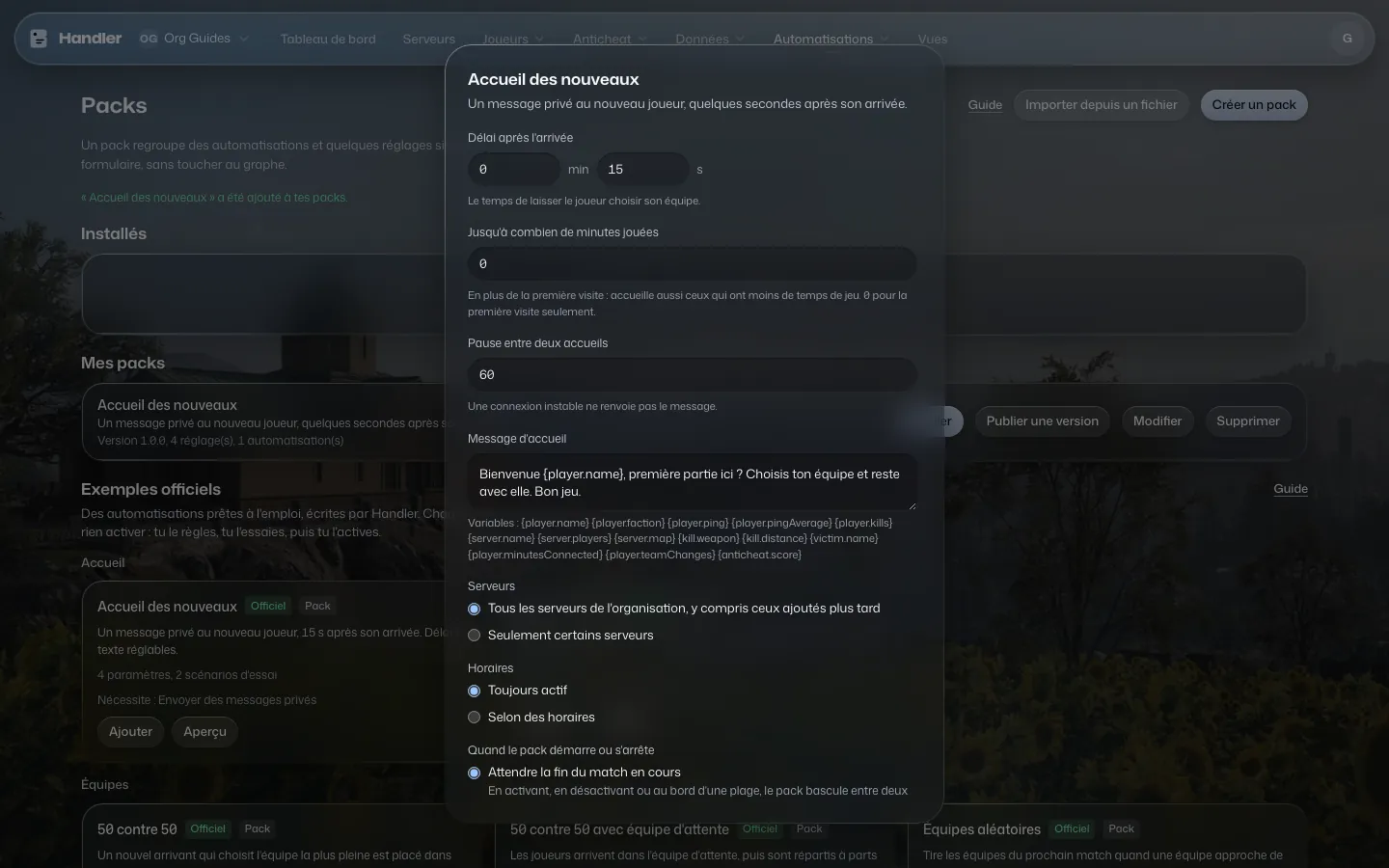 La fenêtre d'installation du pack avec ses paramètres, le choix des serveurs, les horaires et le moment de bascule.