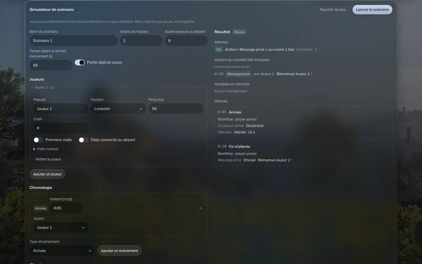 Le simulateur de scénario avec un résultat Réussi, la liste des actions qui auraient été envoyées et la mention Jamais envoyées au jeu.