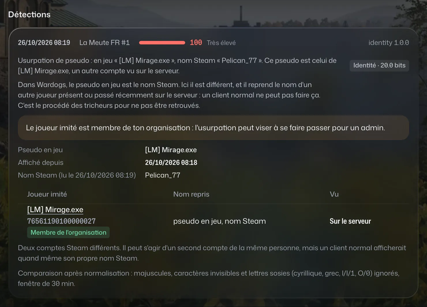Dossier d'usurpation de pseudo : le pseudo en jeu copie celui d'un autre joueur, alors que son nom Steam est différent.