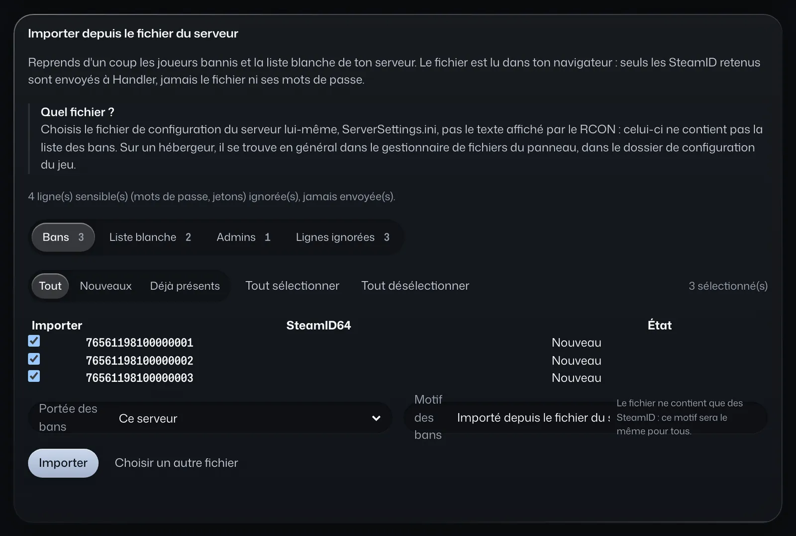 Assistant d'import : trois bans lus dans le fichier du serveur, cochés, avec la portée et le motif de l'import.