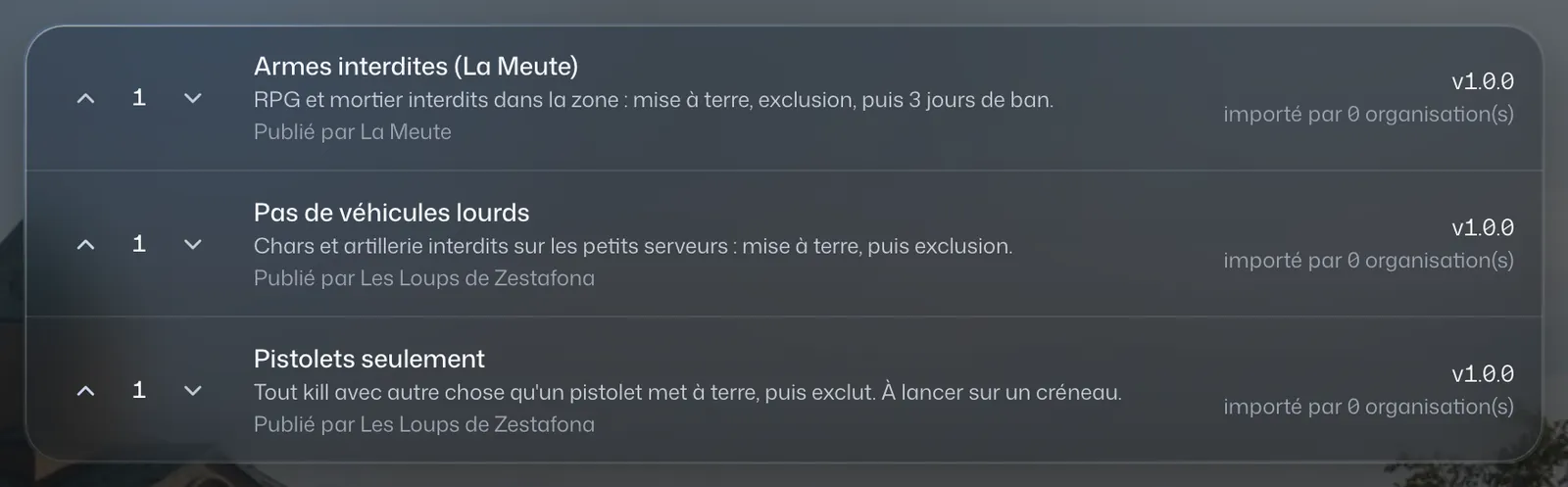 Bibliothèque de packs publiés par des communautés : Armes interdites, Pas de véhicules lourds, Pistolets seulement.