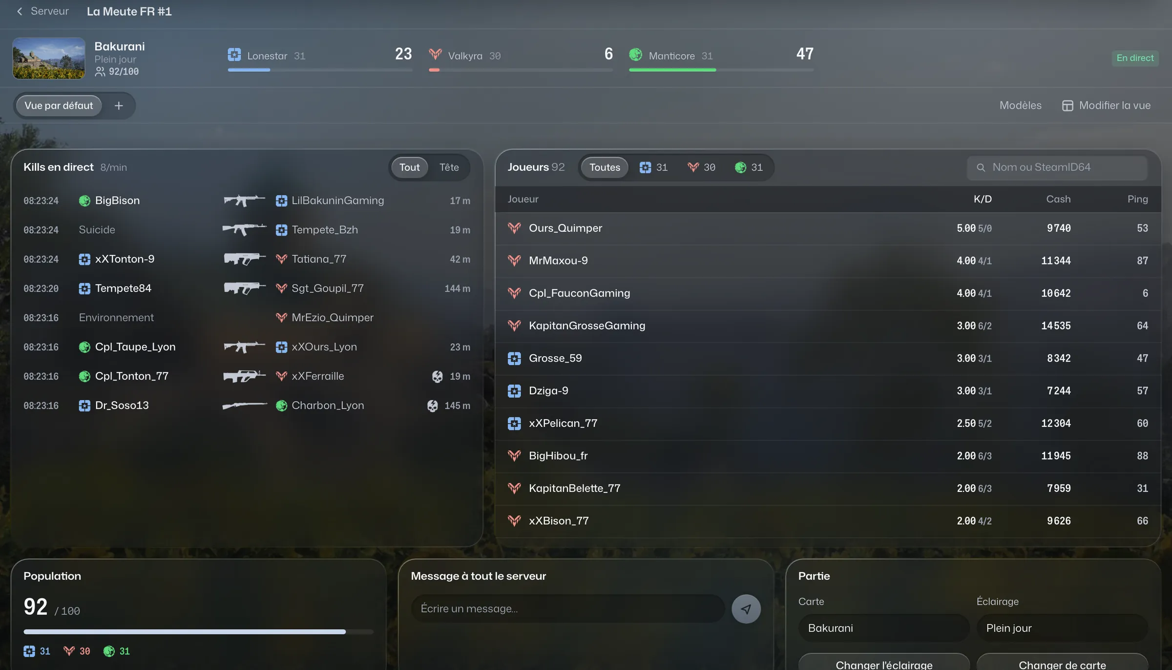 La tour de contrôle pendant une partie sur Bakurani : kills en direct, joueurs des trois factions, population et réglages de la partie.