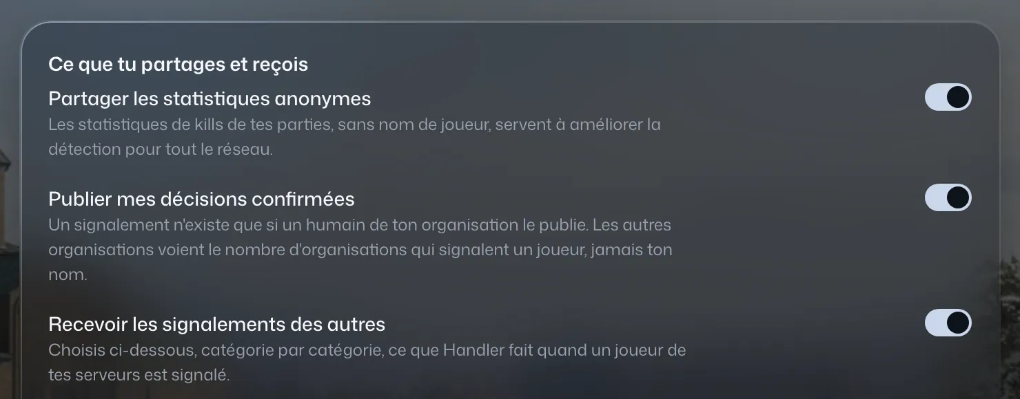 Réglages du réseau : la réaction choisie pour chaque type de signalement.