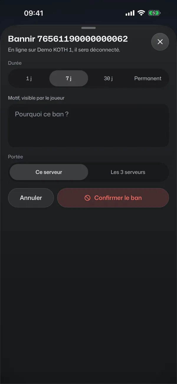 Ban de 7 jours avec motif, confirmé par Face ID.