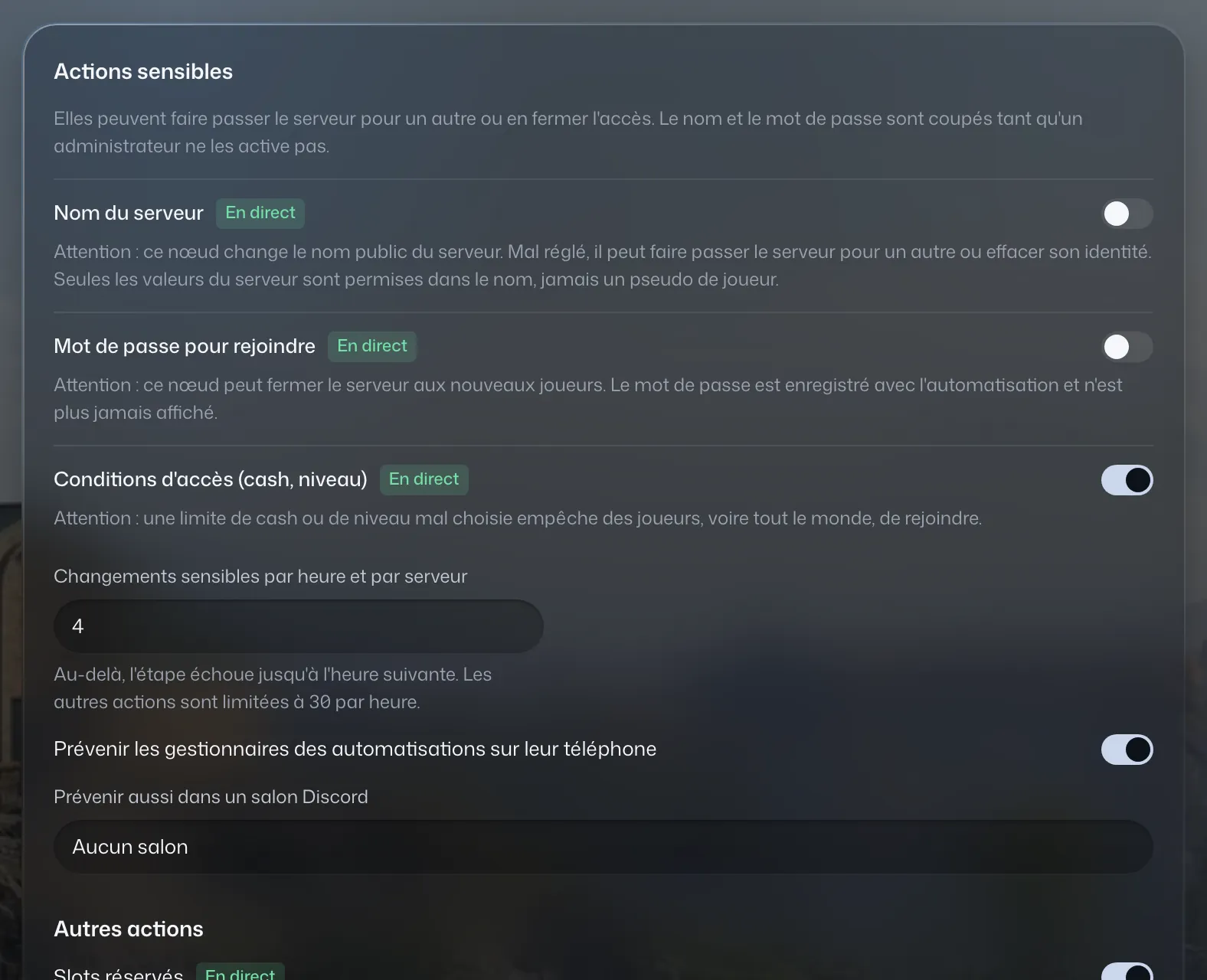 Réglages des actions sensibles : interrupteurs pour le nom et le mot de passe du serveur, limite de changements par heure.