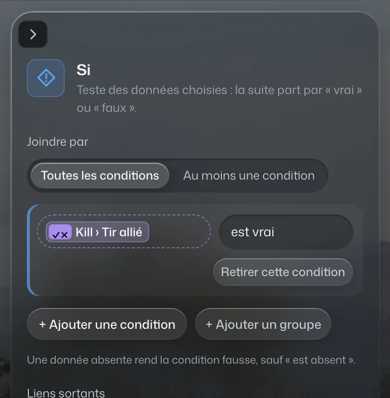 Inspecteur du bloc Si : la condition « Tir allié est vrai », avec les boutons pour ajouter une condition ou un groupe.